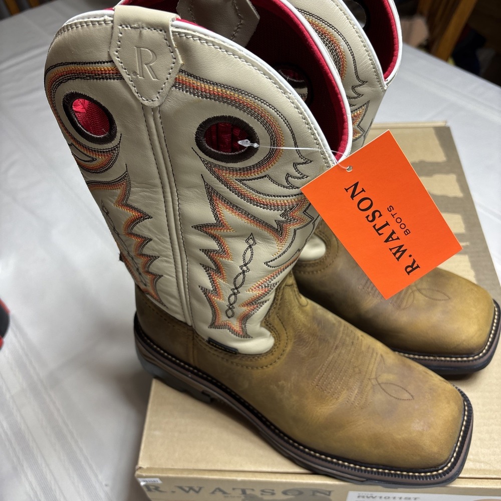 R. Watson Men Size 10 D RW1011ST Steel Toe Chestnut Distressed Ivory Bone Sq Toe